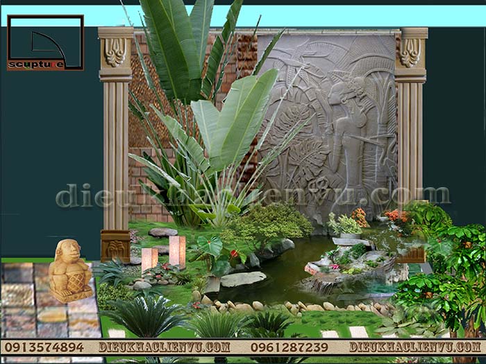 Phù đi&ecirc;u c&ocirc; gái Nhật đẹp b&ecirc; bình đ&ocirc;̉ nước trong ti&ecirc;̉u cảnh đài nước s&acirc;n vườn